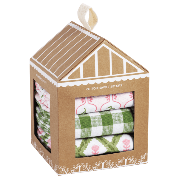 Set of pink greenhouse print kitchen towels