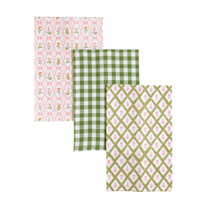 Pink greenhouse patterned towels sold as a set