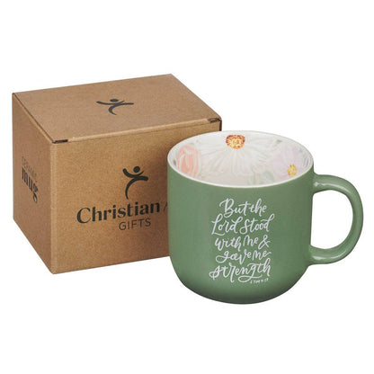 Green scripture mug printed with 1 Timothy 4:17