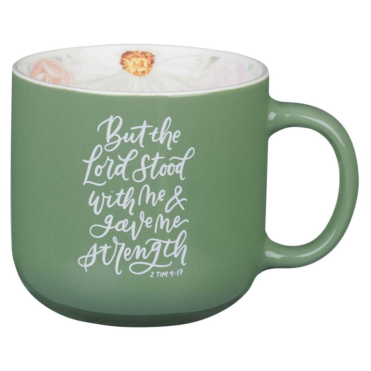 Green ceramic mug lettered with The Lord Stood With Me, 1 Timothy 4:17