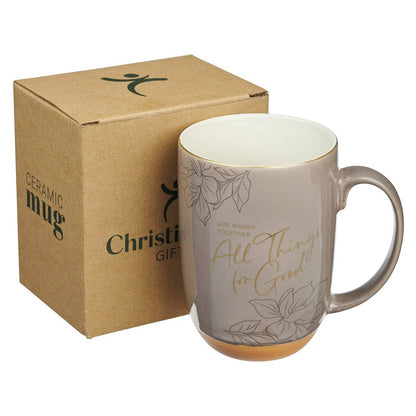 Taupe scripture mug printed with Romans 8:28