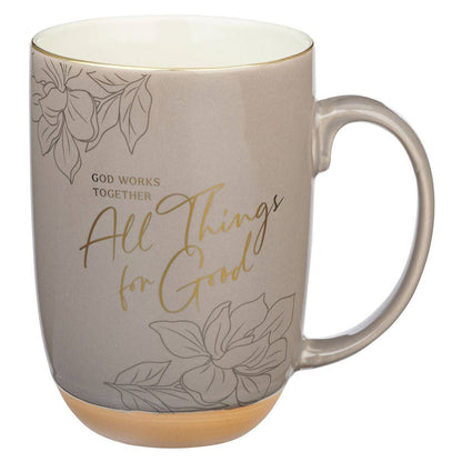 Taupe ceramic mug lettered with God Works For Good, Romans 8:28