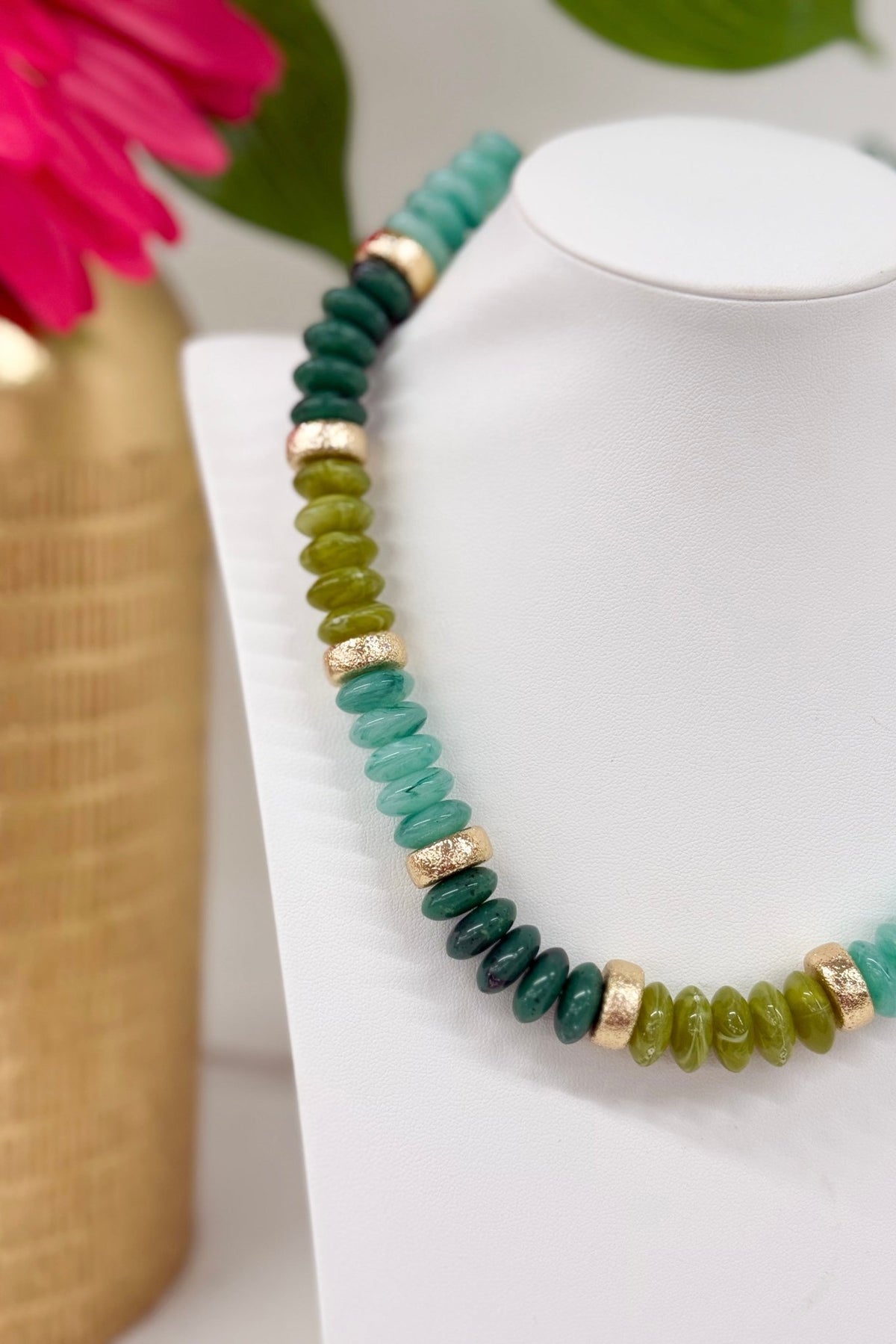 Olive beaded necklace in mixed bead sizes