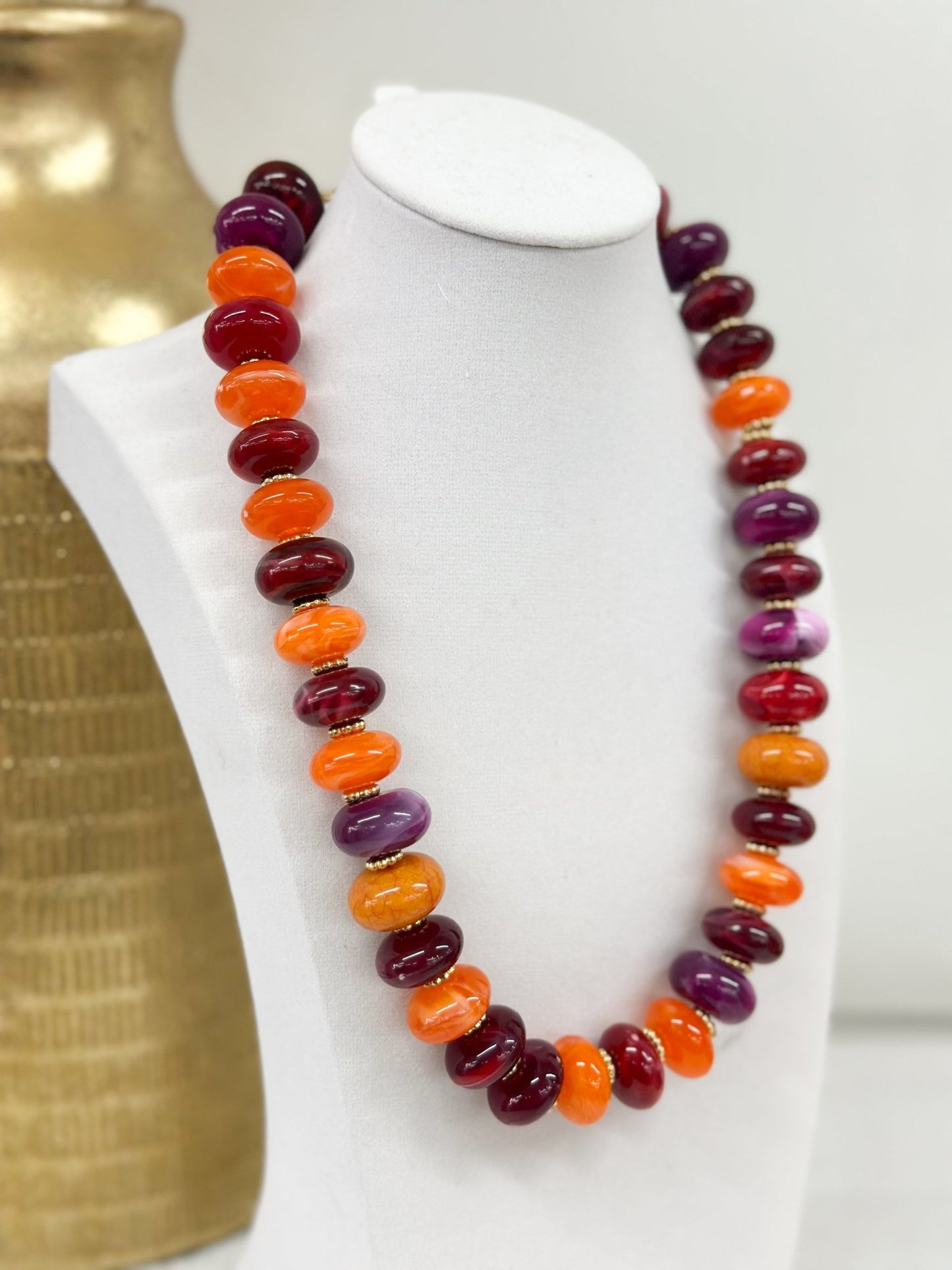 Flat bead necklace with a repeating multicolor pattern