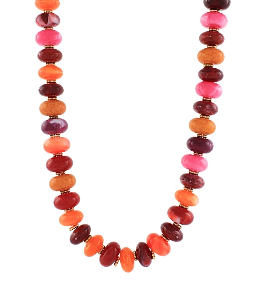 Multicolor flat beads strung close together on a necklace