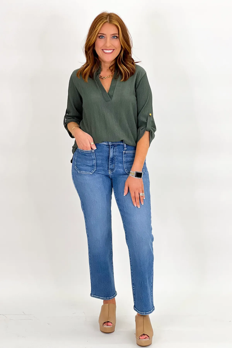 Dark Olive Textured Three Quarter Sleeve Top