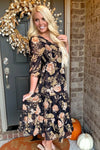Black Floral Print Smocked Long Sleeve Dress