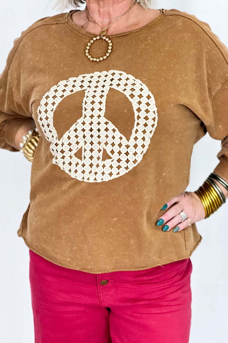 Camel Peace Sign Scallop Hem Detail Top