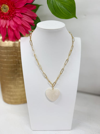 Paperclip chain necklace with a colored heart drop
