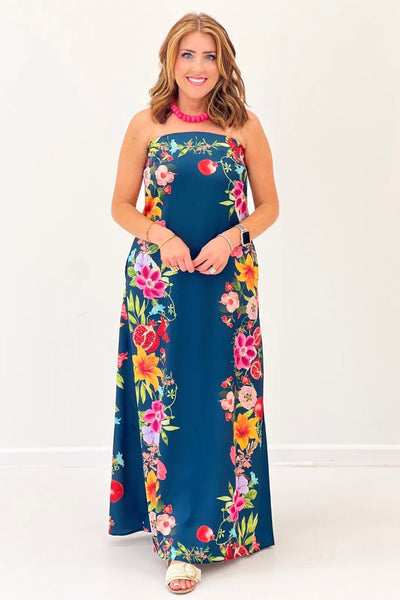 Navy Botanical Strapless Maxi Dress - Lavish BoutiqueDresses