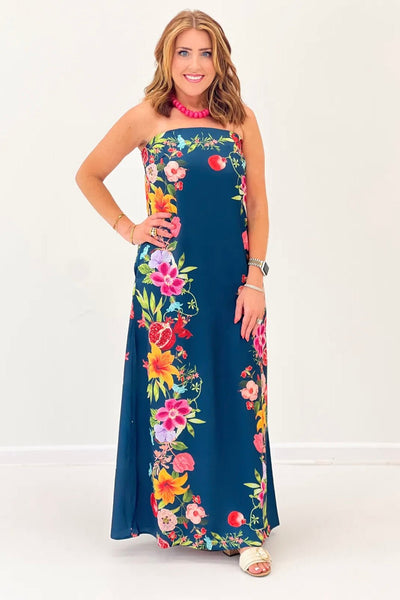 Navy Botanical Strapless Maxi Dress - Lavish BoutiqueDresses