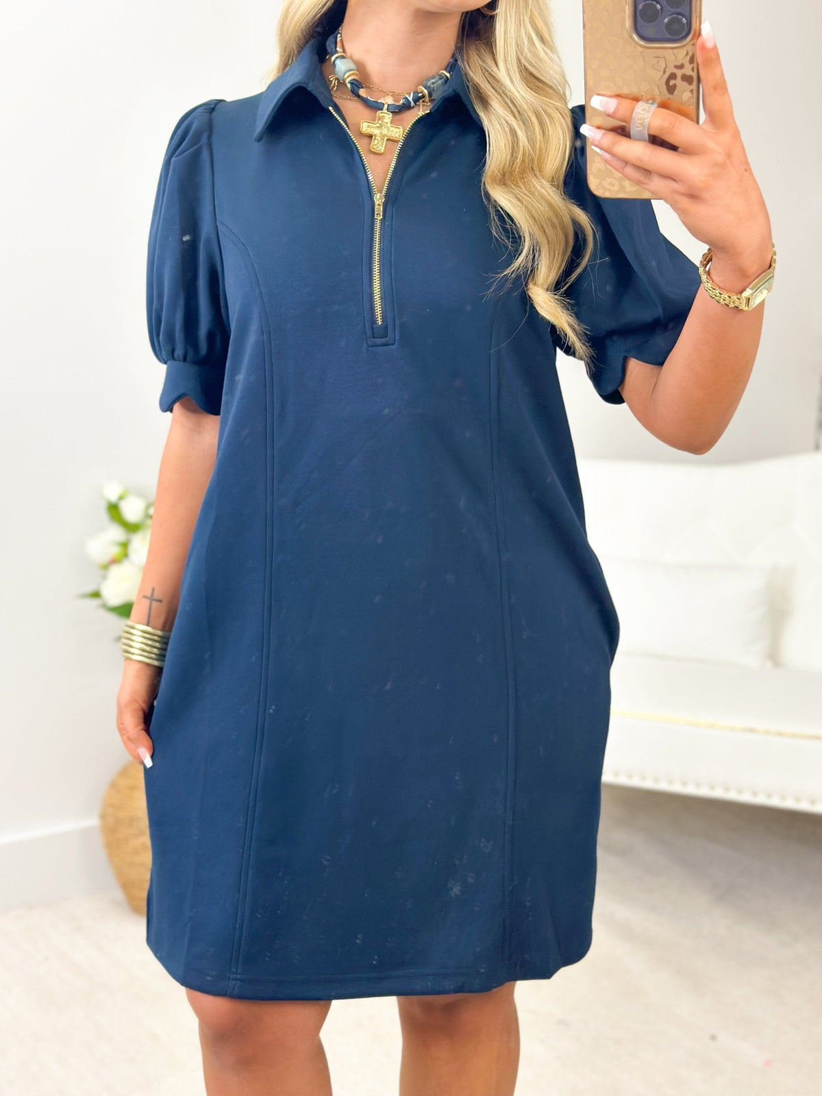 Short sleeve scuba dress with a scalloped hem
