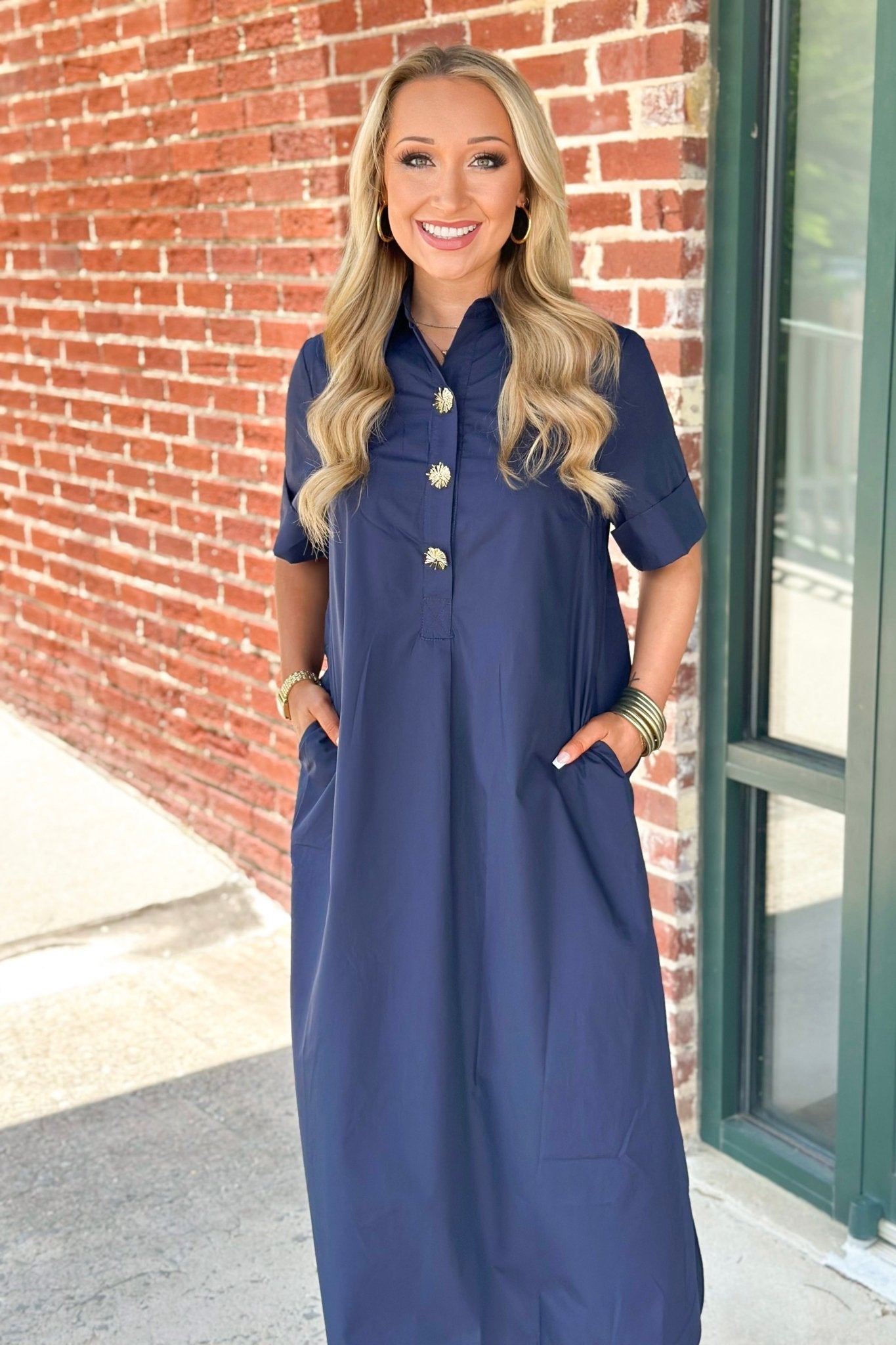 Navy collared midi dress with short sleeves