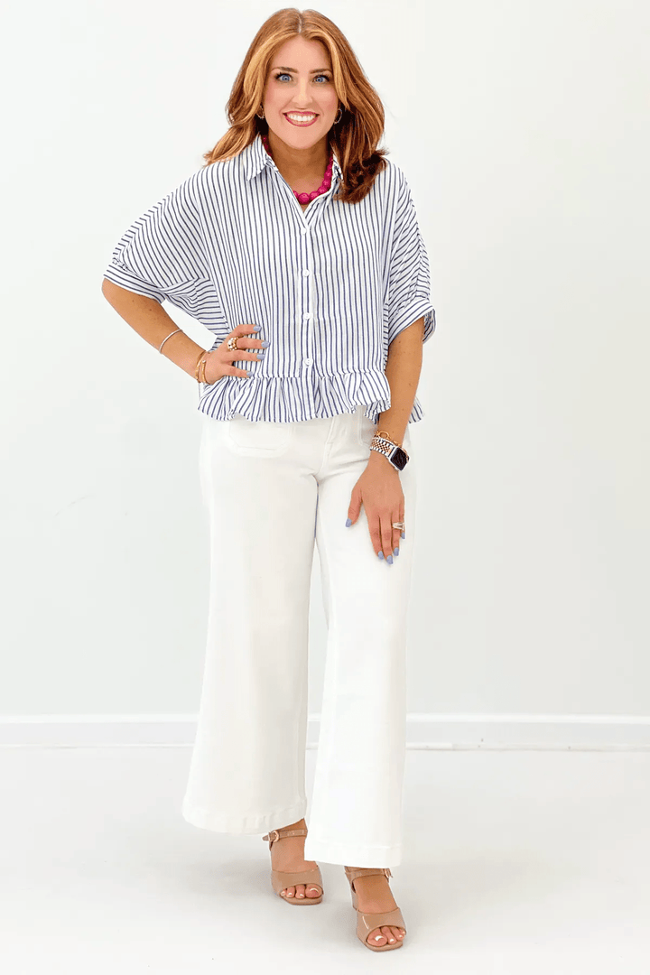 Navy Stripe Button Down Top - Lavish BoutiqueTops
