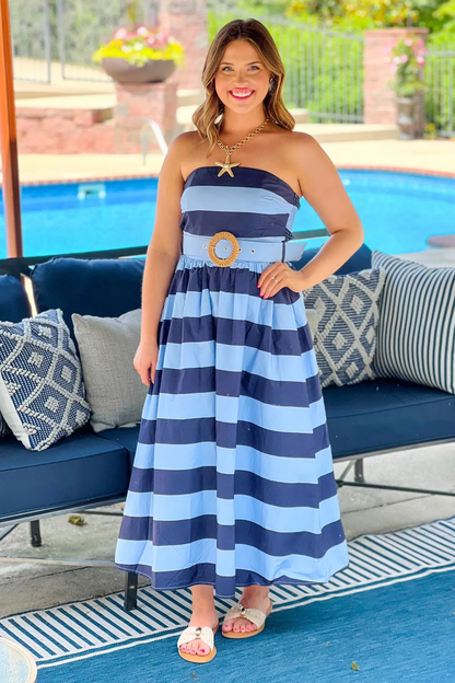 Navy striped strapless dress with a belted waist