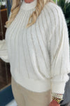 White and Gold Mock Neck Fuzzy Stripe Sweater