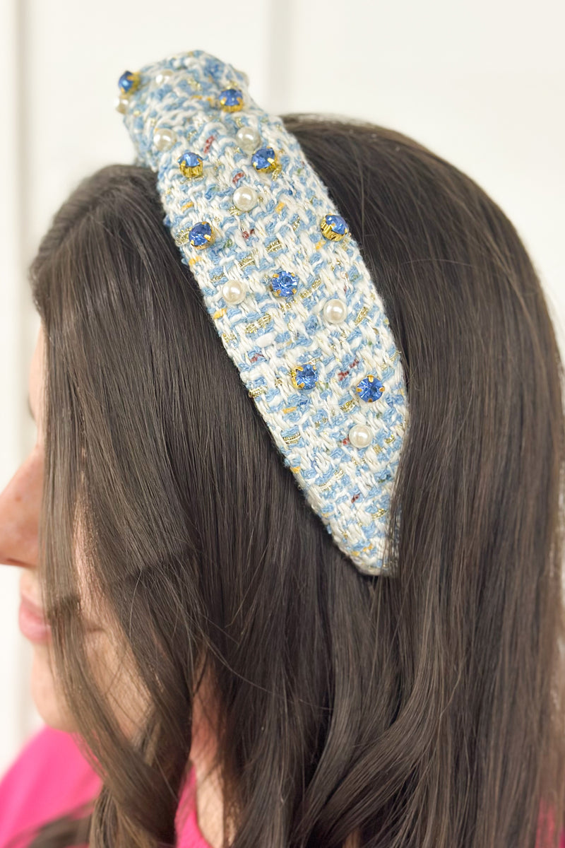 Light Blue Pearl & Studded Tweed Headband