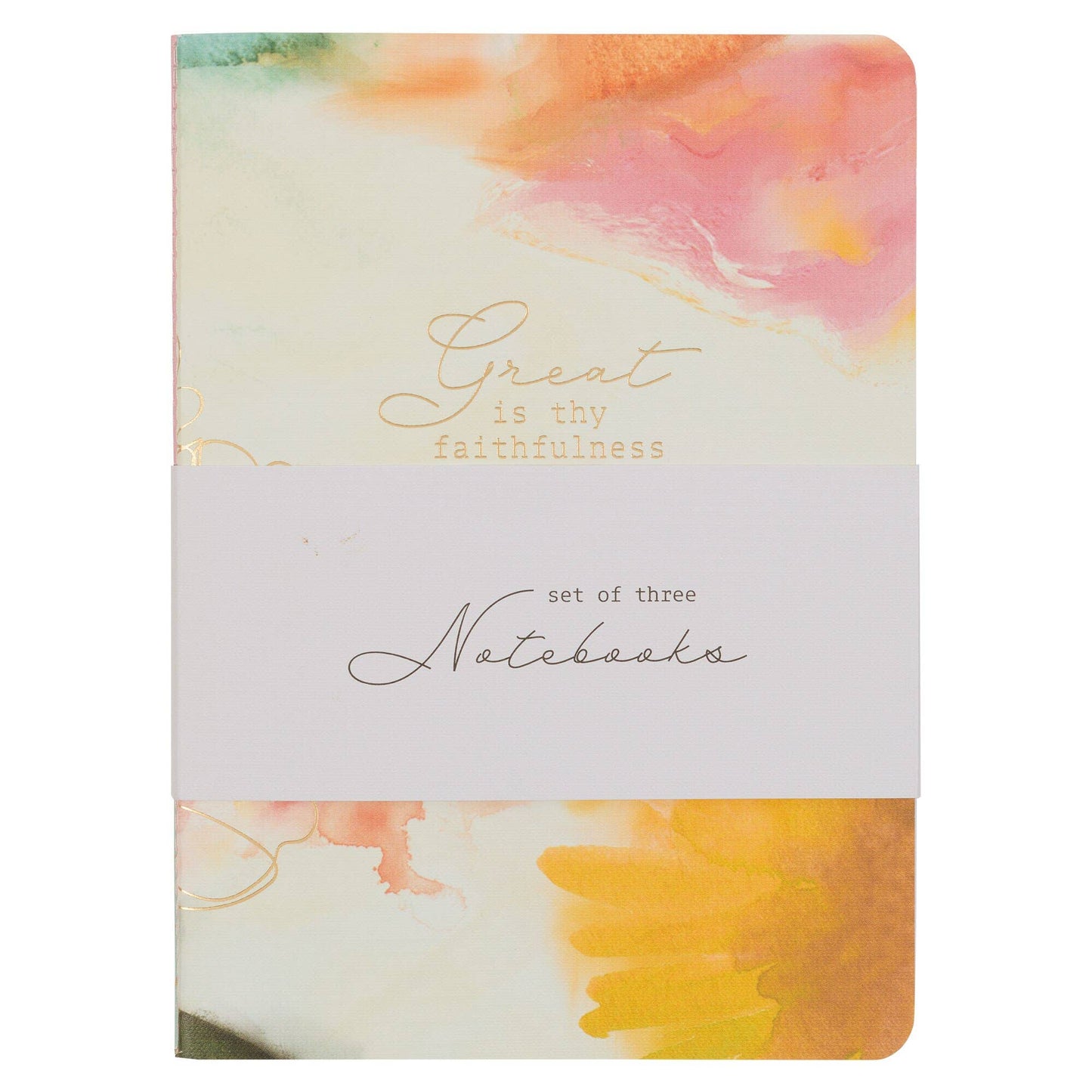 Set of three notebooks in white, blue and pink with scripture covers