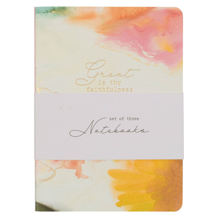 Set of three notebooks in white, blue and pink with scripture covers