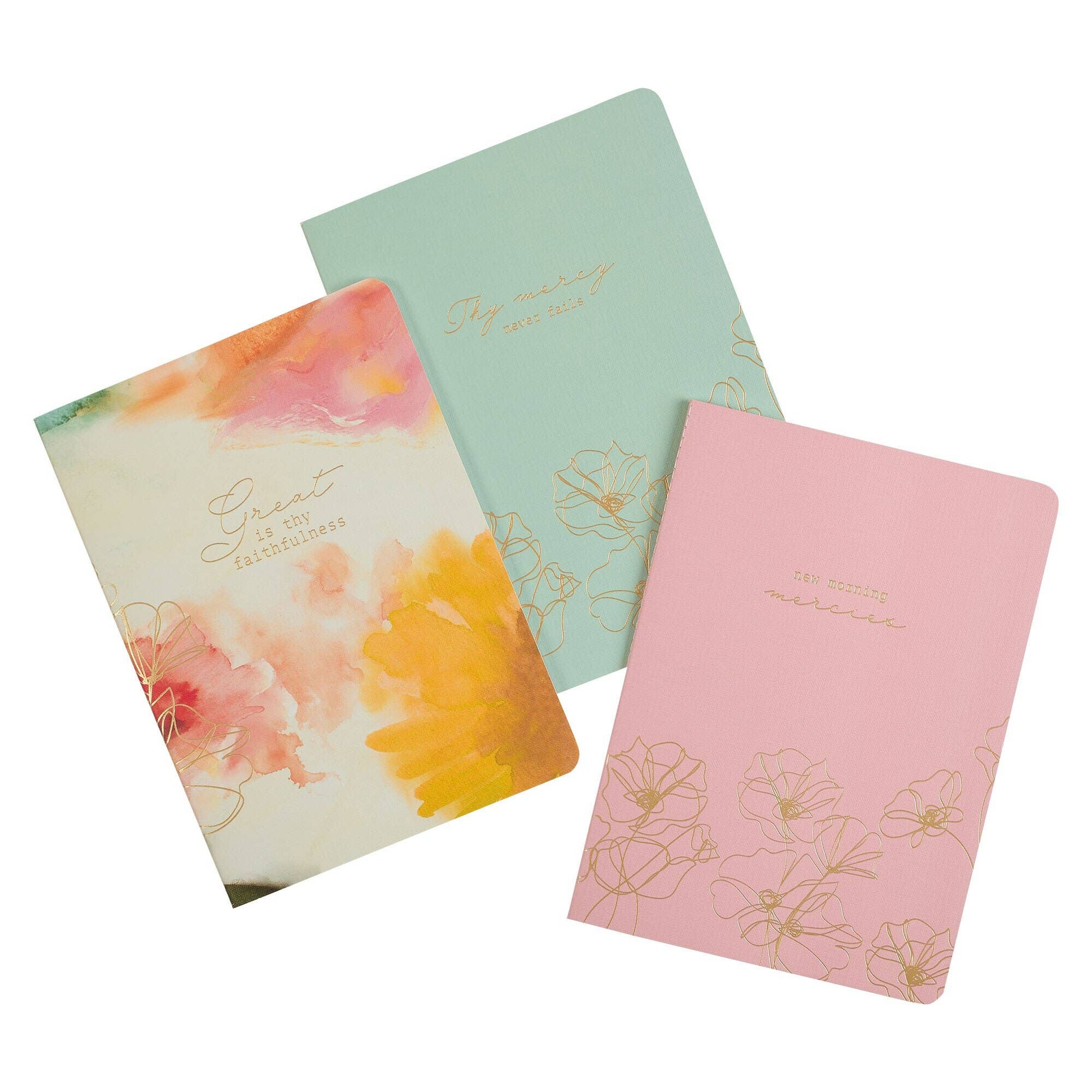 Trio of notebooks with white, blue and pink scripture covers