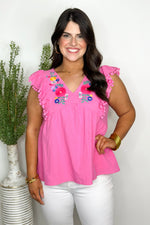 Bubble Pink Embroidered Ruffle Sleeve Top