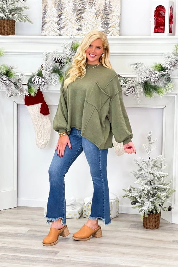 Olive Oversized Front Pocket Sweater