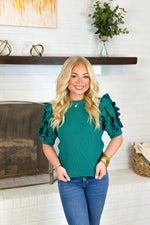 Pine Green Ruffle Detail Sleeve Top