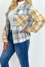 Dusty Blue Plaid Color Block Crop Jacket