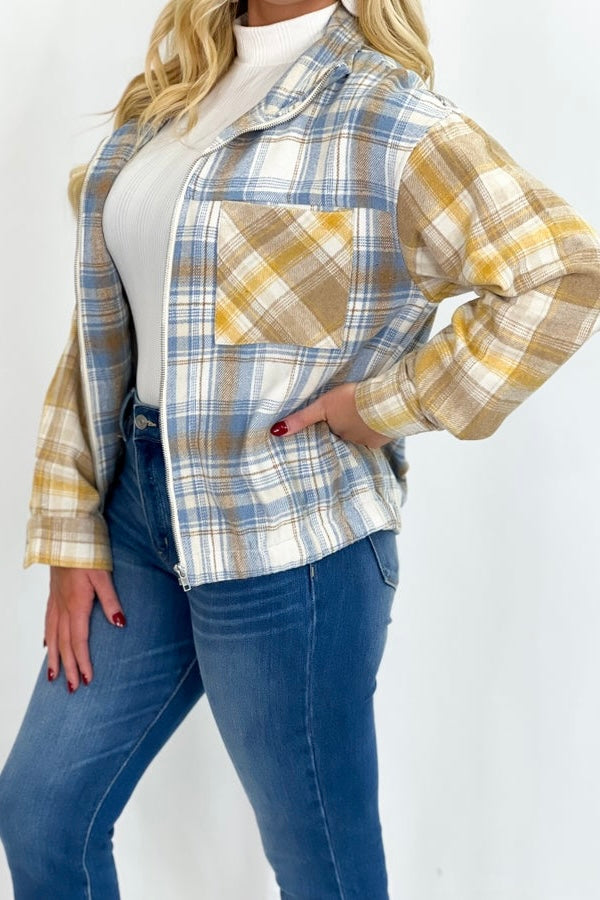 Dusty Blue Plaid Color Block Crop Jacket