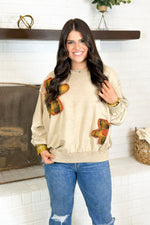 Light Mocha Long Sleeve Flower Patch Detail Top