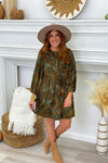 Dusty Green Velvet Patterned Long Sleeve Dress