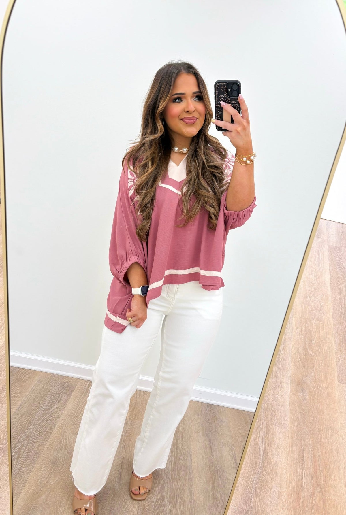Floral stitched top with contrast trim