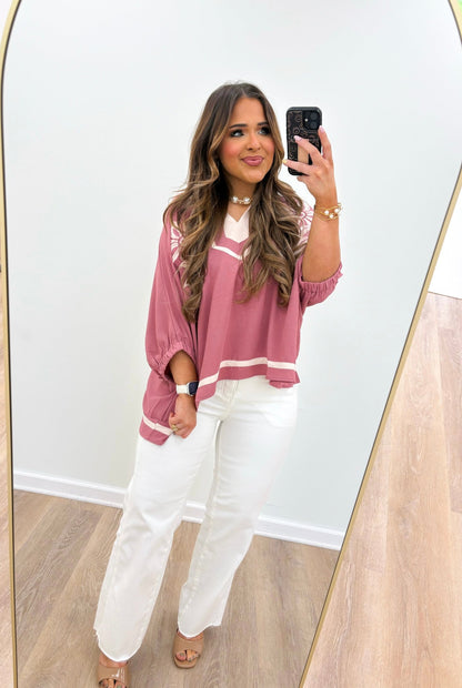 Floral stitched top with contrast trim