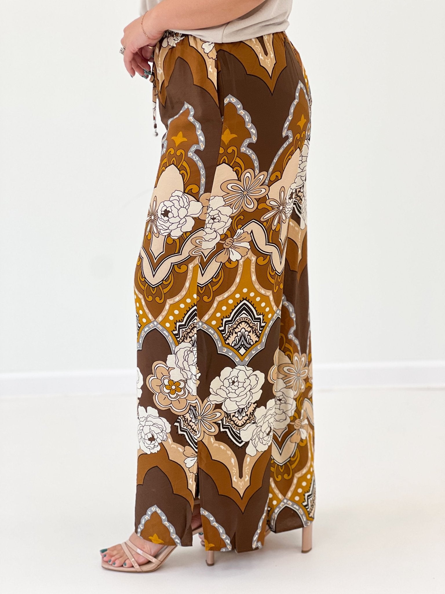 Oddi Printed Wide Leg Pants Mocha Multi - Lavish Boutique02-BOTTOMS