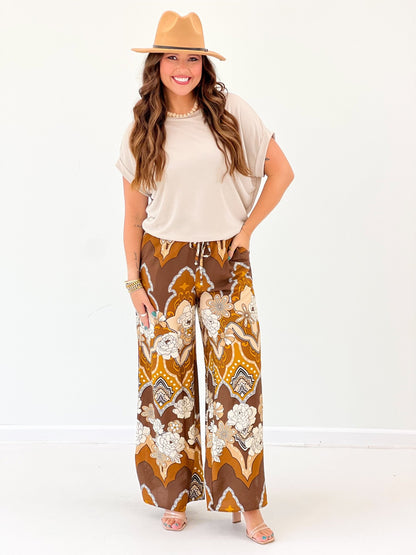 Oddi Printed Wide Leg Pants Mocha Multi - Lavish Boutique02-BOTTOMS