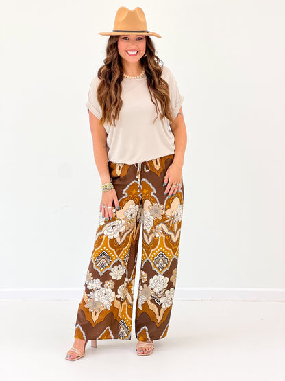 Oddi Printed Wide Leg Pants Mocha Multi - Lavish Boutique02-BOTTOMS