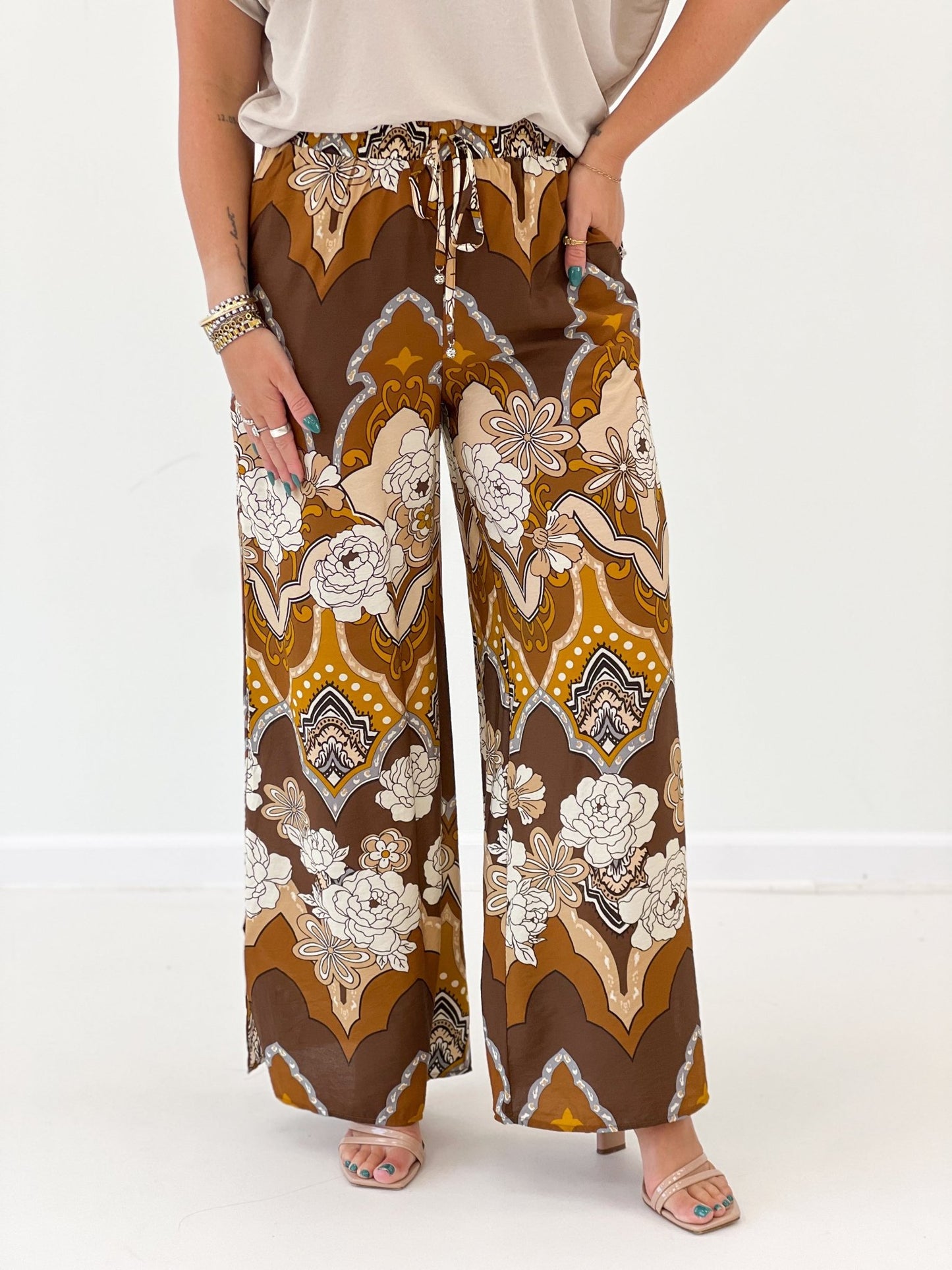 Oddi Printed Wide Leg Pants Mocha Multi - Lavish Boutique02-BOTTOMS