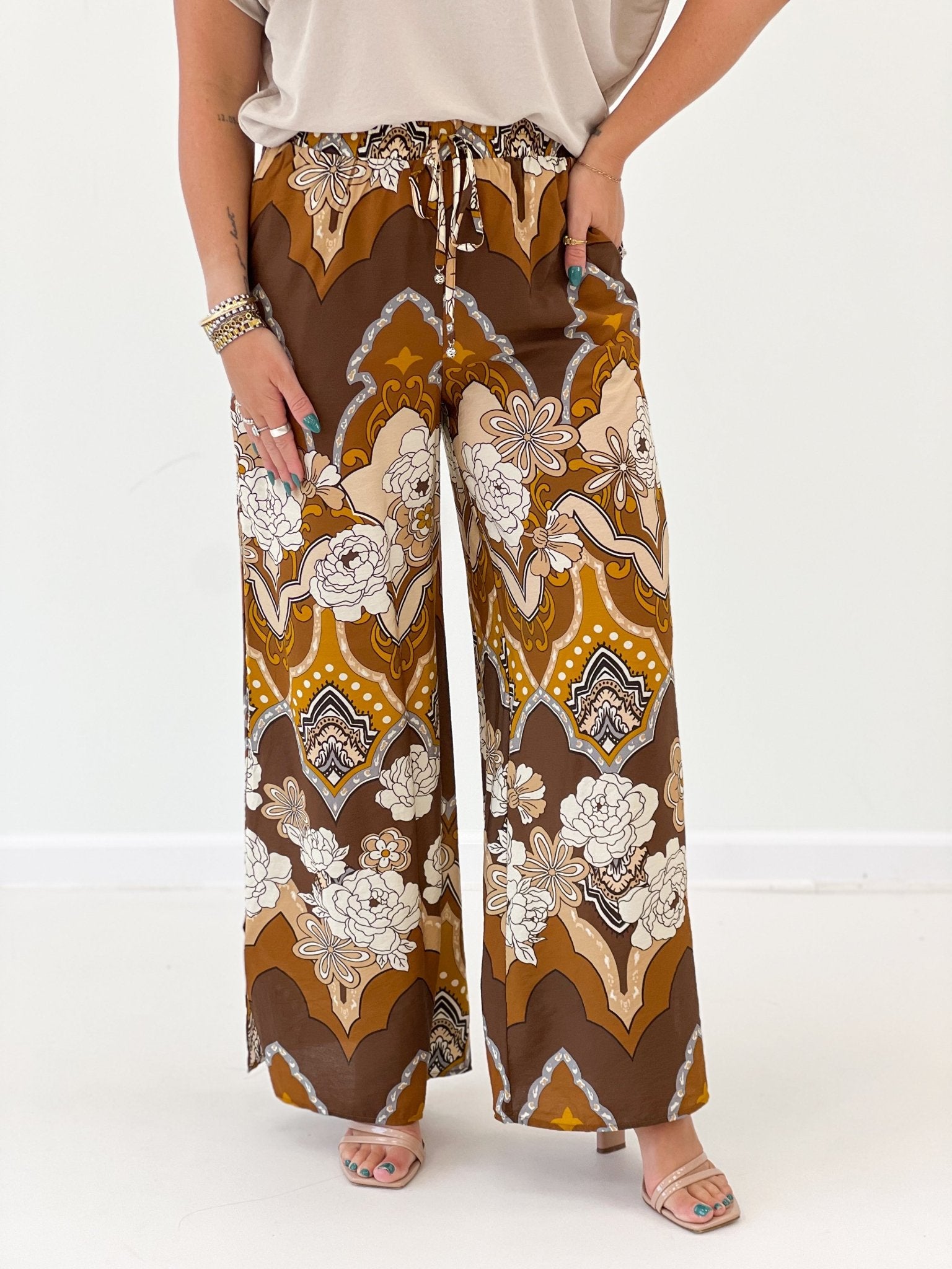 Oddi Printed Wide Leg Pants Mocha Multi - Lavish Boutique02-BOTTOMS