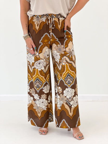 Oddi Printed Wide Leg Pants Mocha Multi - Lavish Boutique02-BOTTOMS