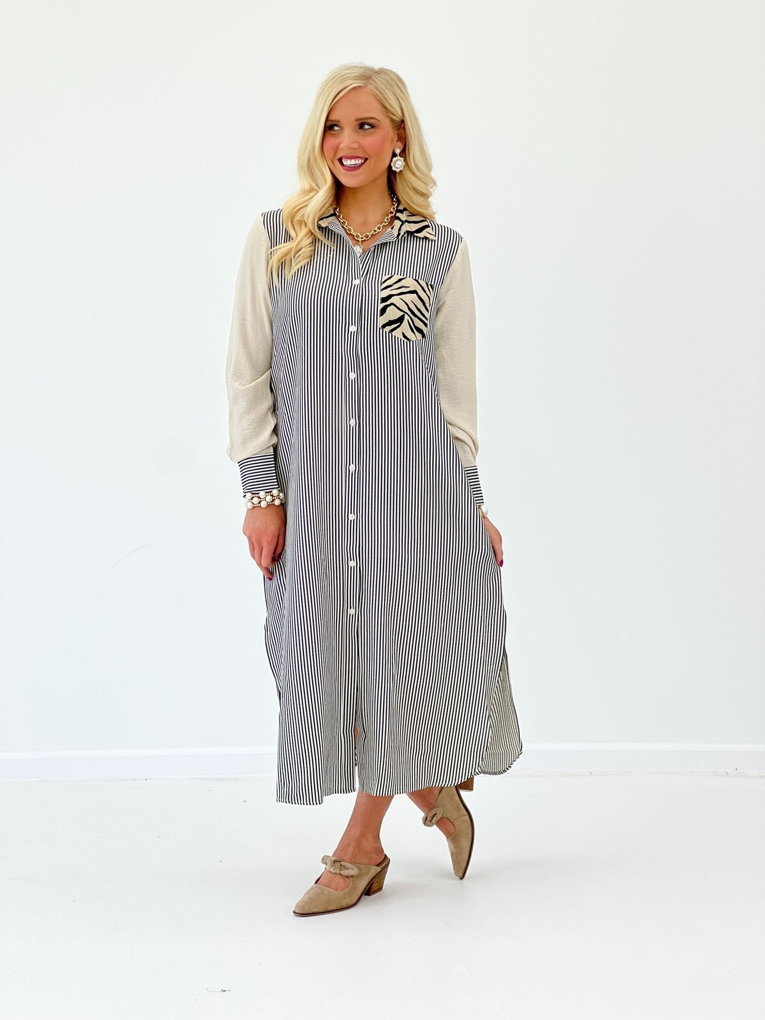 Collared shirt dress in a striped zebra print