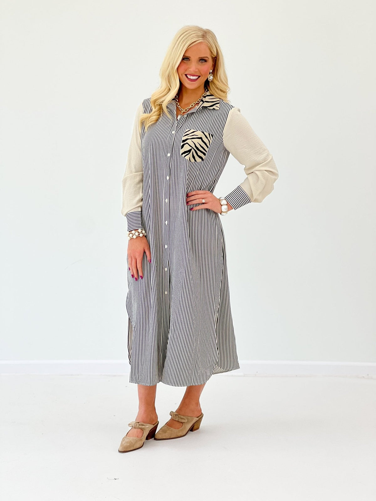 Black zebra stripe shirt dress with a collar