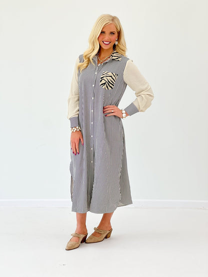 Black zebra stripe shirt dress with a collar
