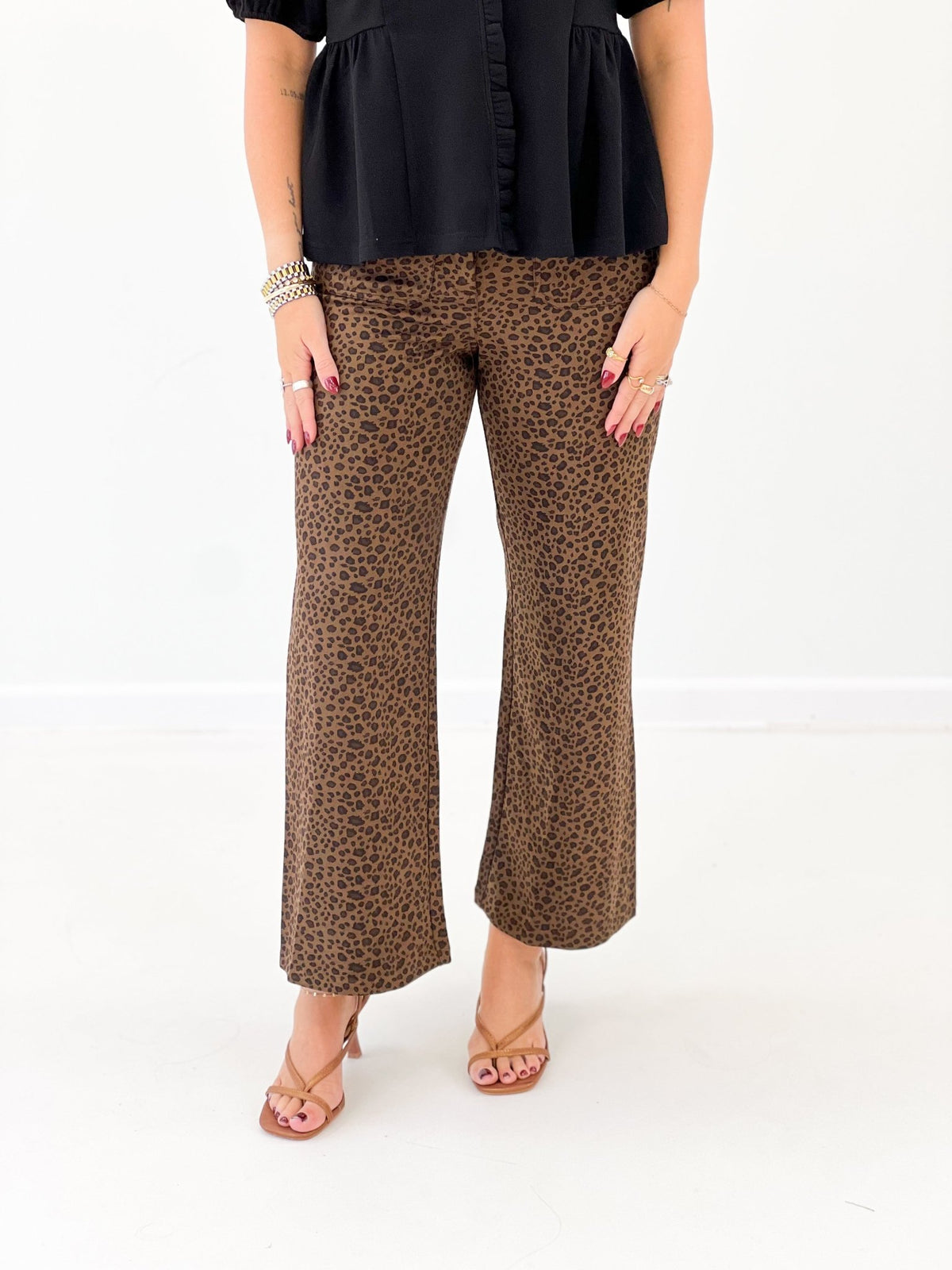 Leopard print wide leg pants with a high waist