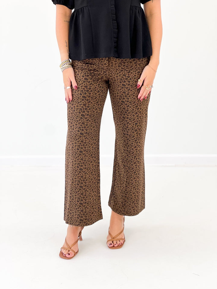 Leopard print wide leg pants with a high waist