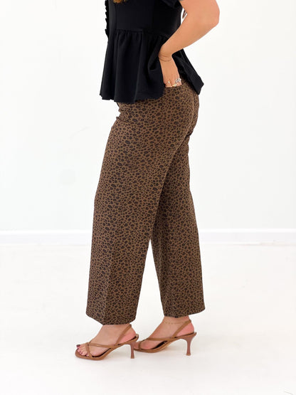 Animal print wide leg pants with a flowing leg