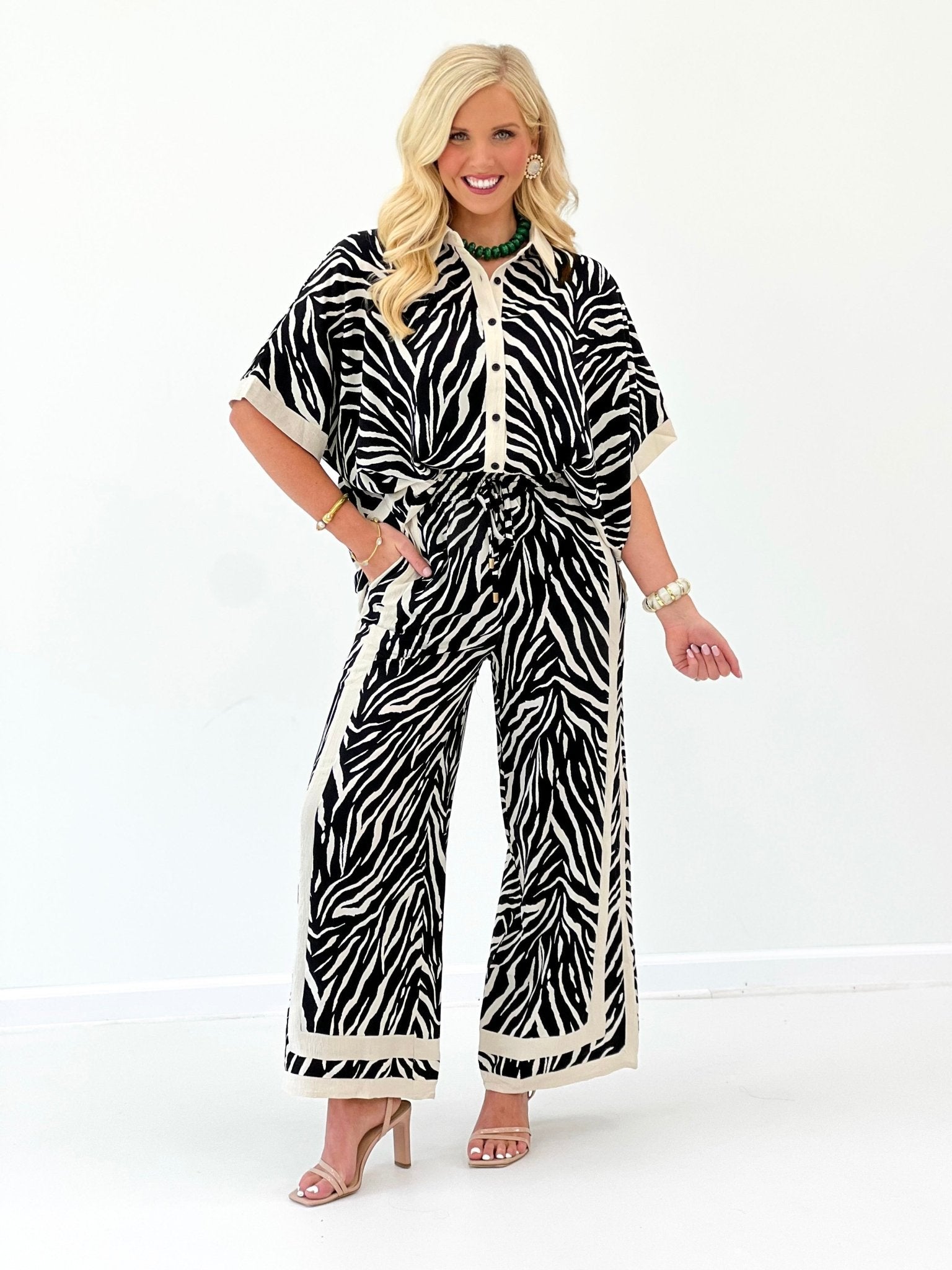 Zebra print button-front top and wide-leg pants set, loose fit with collar