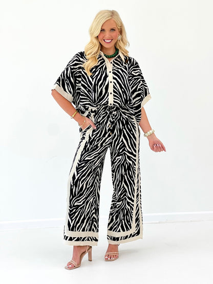 Zebra print button-front top and wide-leg pants set, loose fit with collar
