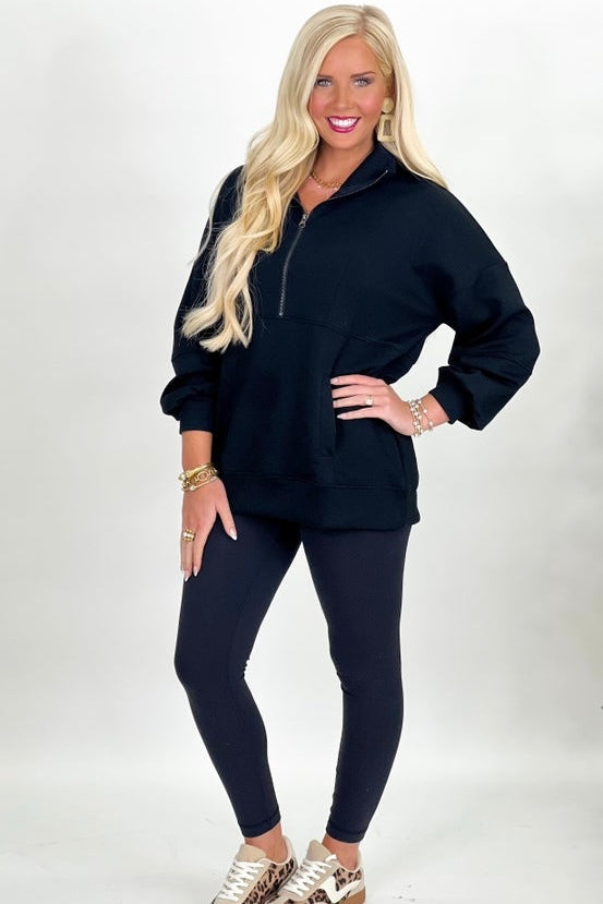 Black Front Zip Pullover Top
