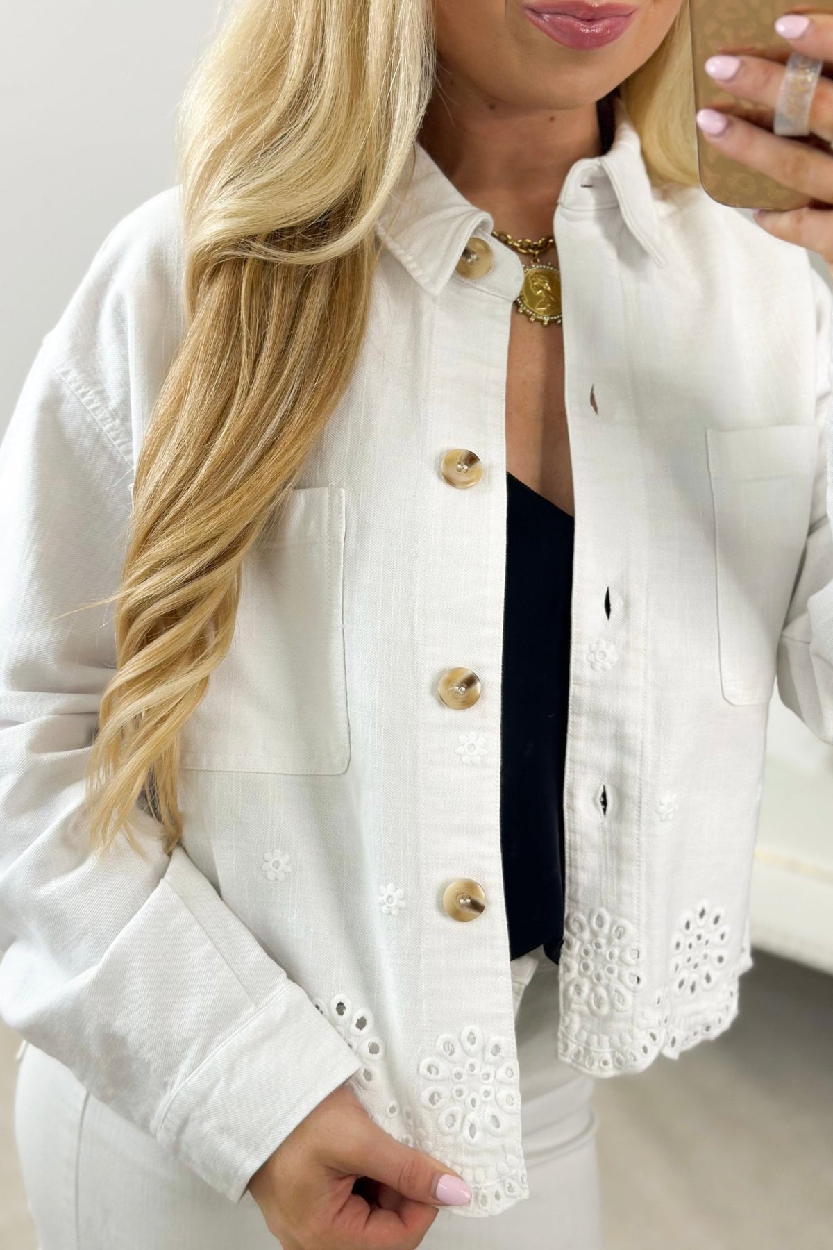 Off white jacket with an openwork eyelet border