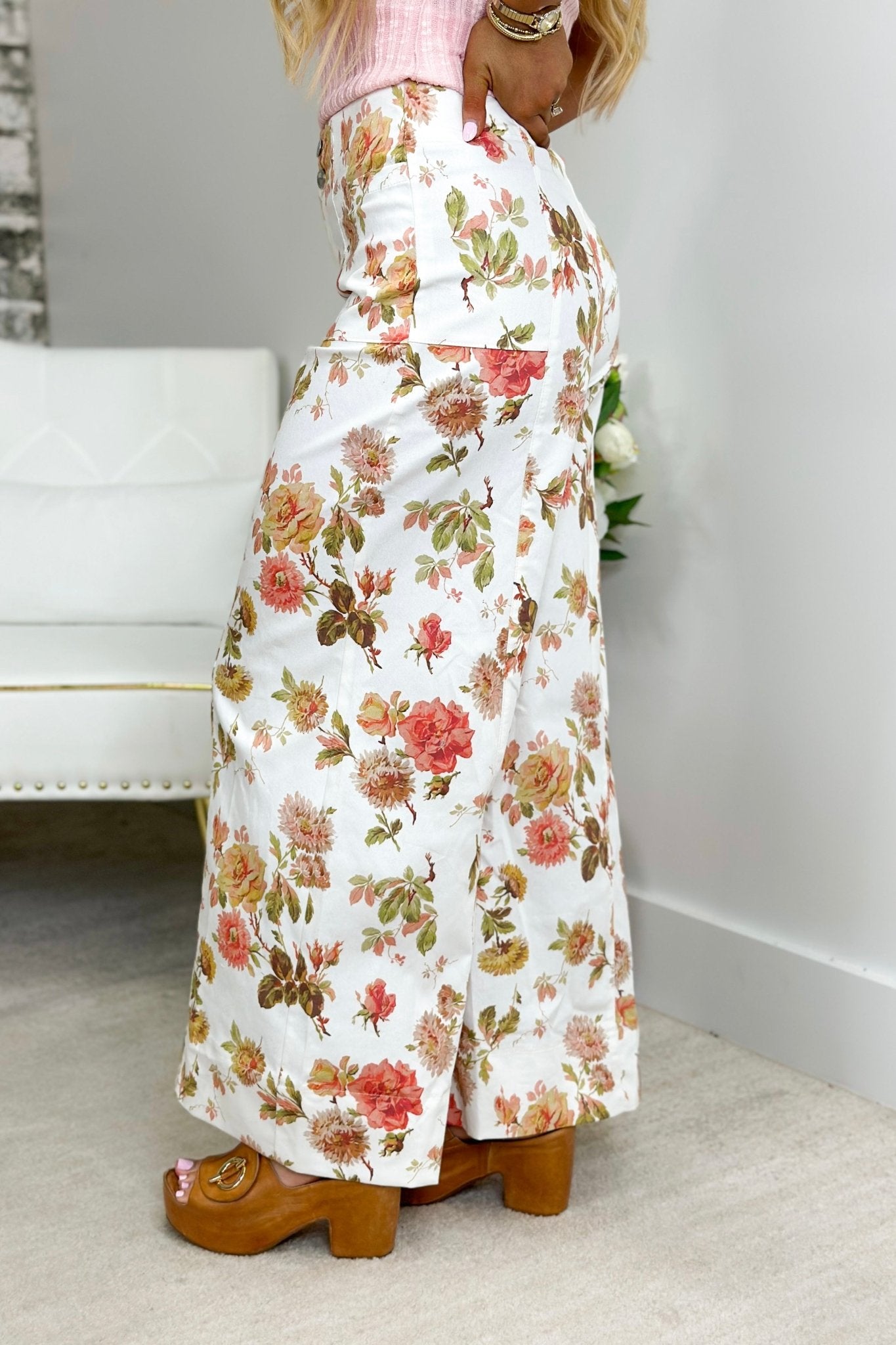 Off White Mix Floral Print Wide Leg Pants - Lavish BoutiqueBottoms
